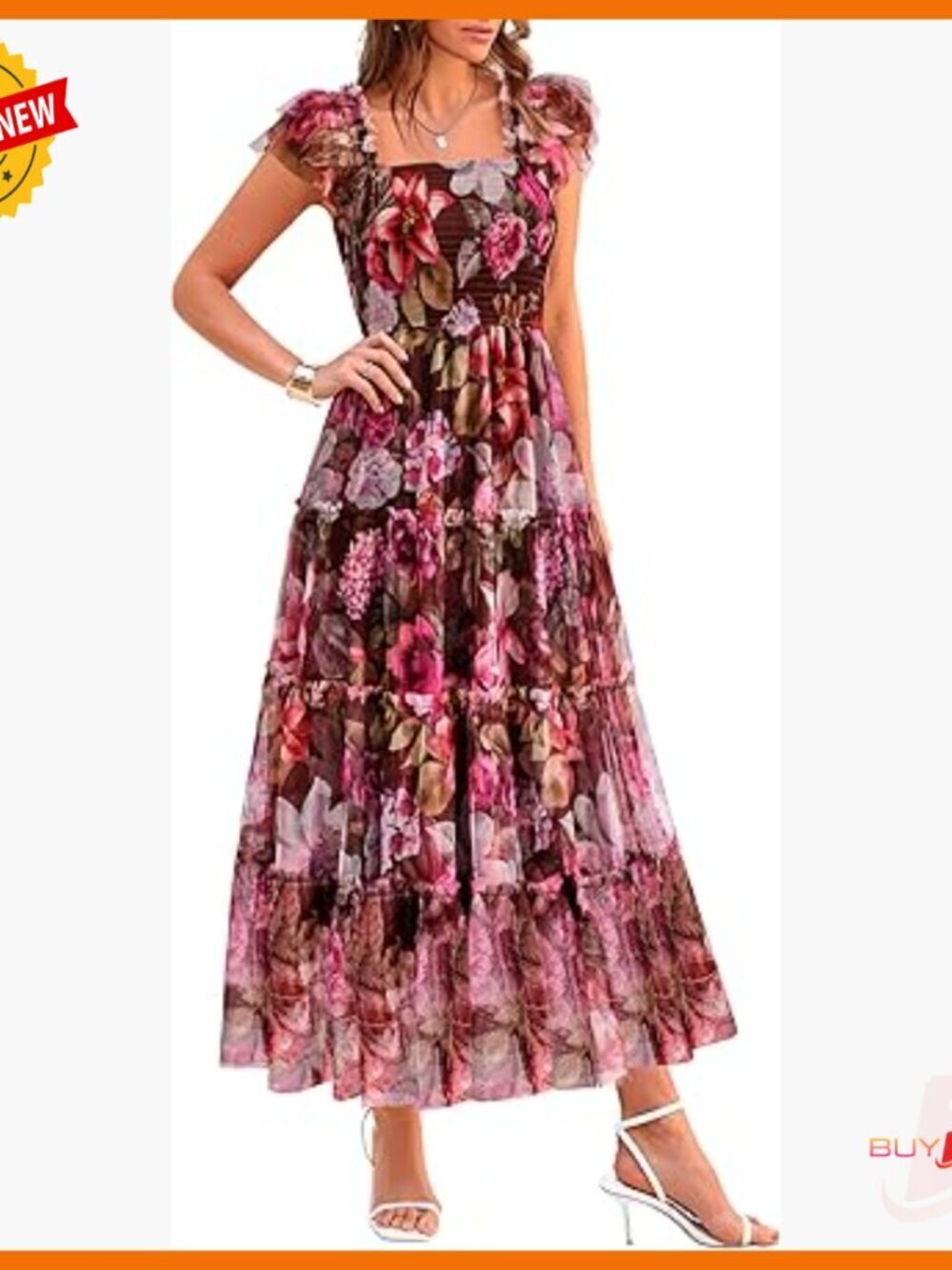 Sleeveless Tulle Midi Dress Smocked Ruffle Flowy Mesh Wedding Guest Sundress